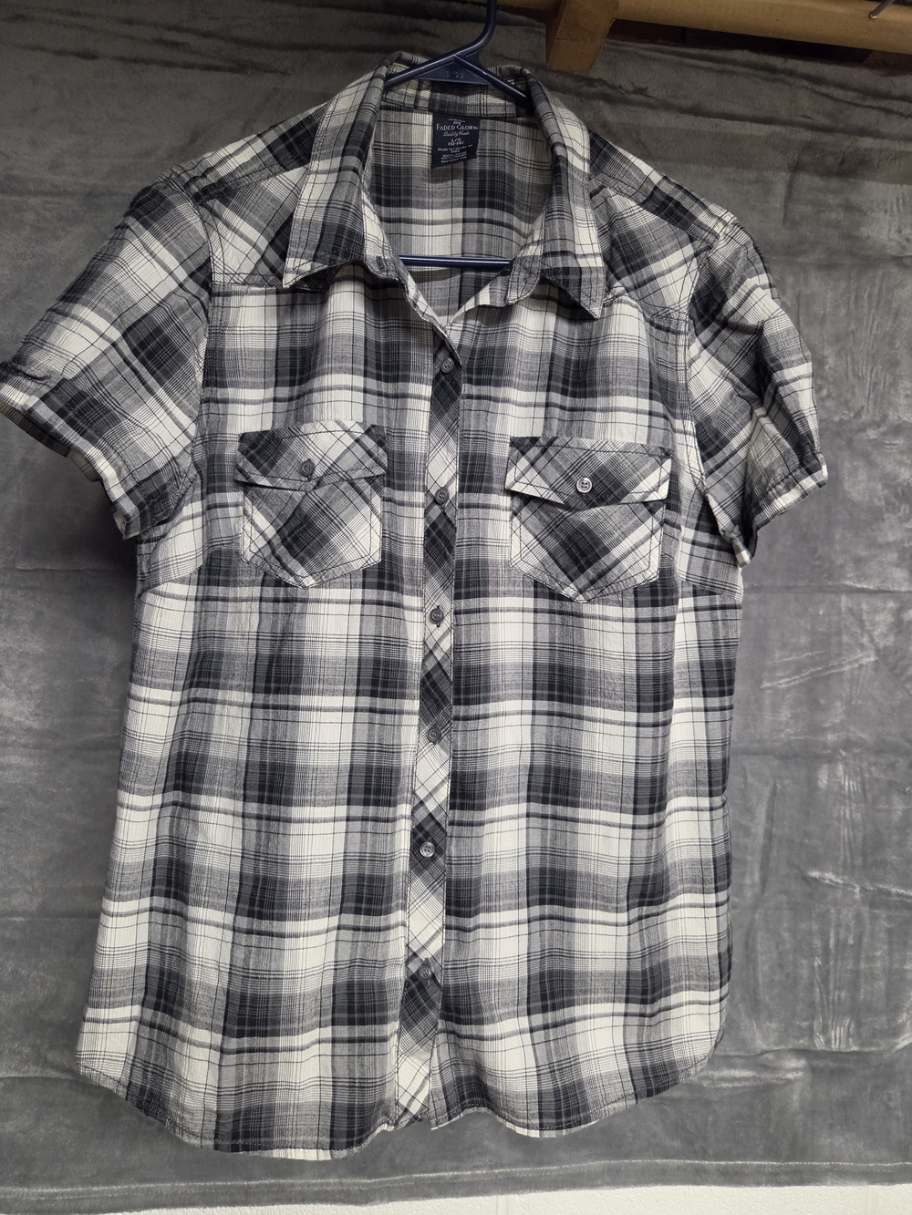 Faded Glory Black & White Plaid Short-Sleeve Button-Down Shirt